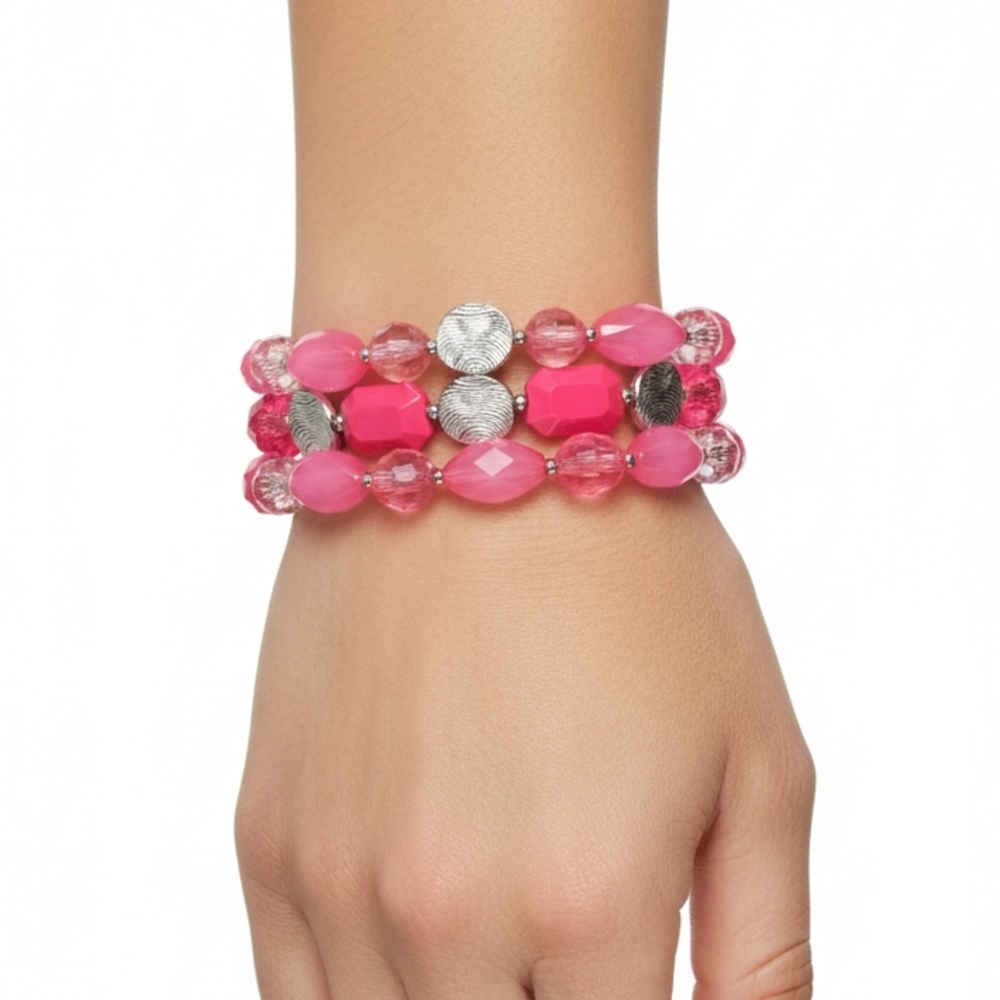 Paparazzi Vibrant Pink and Silver Bracelet Set Of 3 - Picture 1 of 5